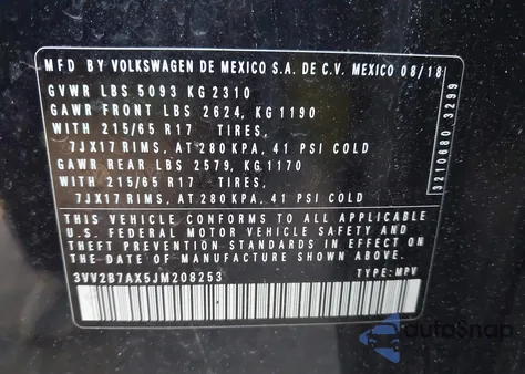 2018 Volkswagen Tiguan 2.0T Se/2.0T Sel z USA, uszkodzony, nr VIN 3VV2B7AX5JM208253